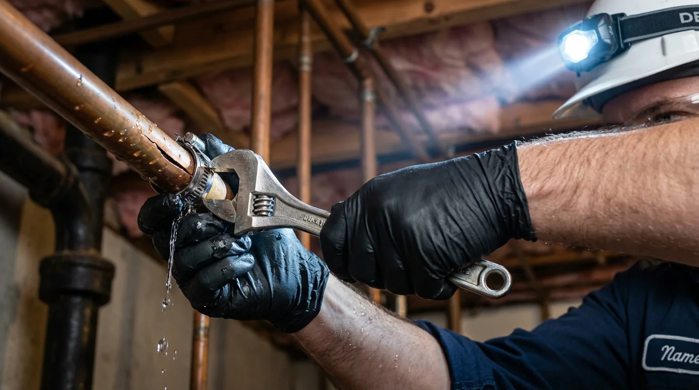 Emergency pipe clamp repair being performed by a Johns Plumbing LLC plumber in Redfield