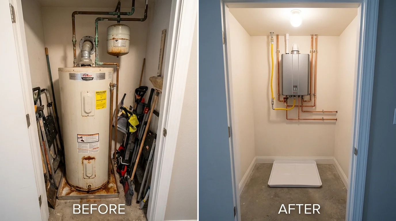 Tank water heater versus wall-mounted tankless unit comparison for Redfield, AR homeowners
