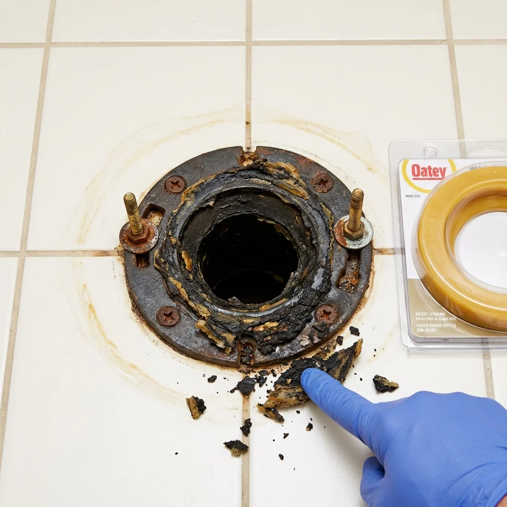 Failed wax ring showing water seepage at the base of a toilet in a Redfield, AR home