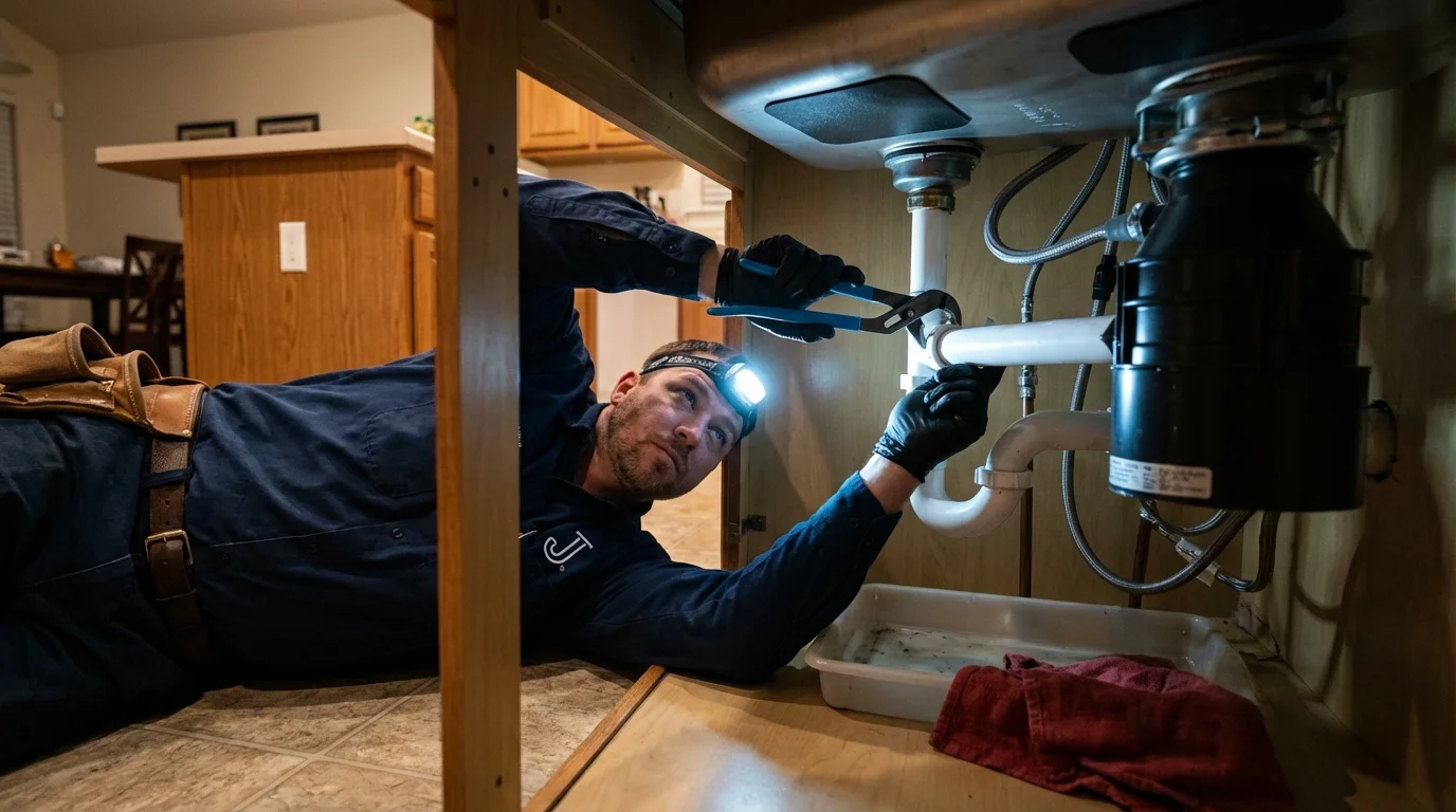 P-trap and supply line connections under a kitchen sink showing a common leak point in Redfield, AR